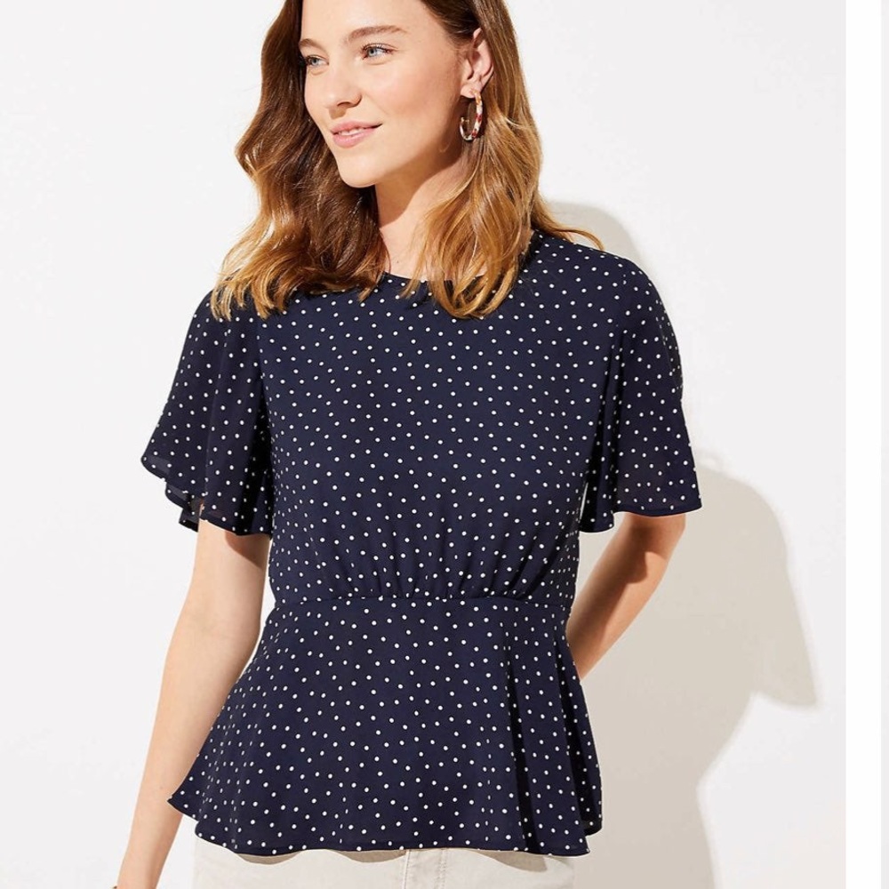 LOFT Navy Polka Dot Peplum Blouse